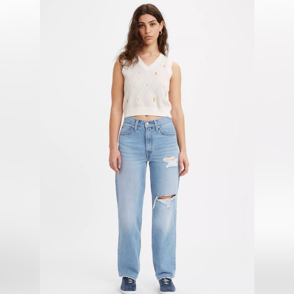 Levi’s 94 Baggy Vintage Mid Rise Straight Leg Ripped Denim Blue Jeans Size 28